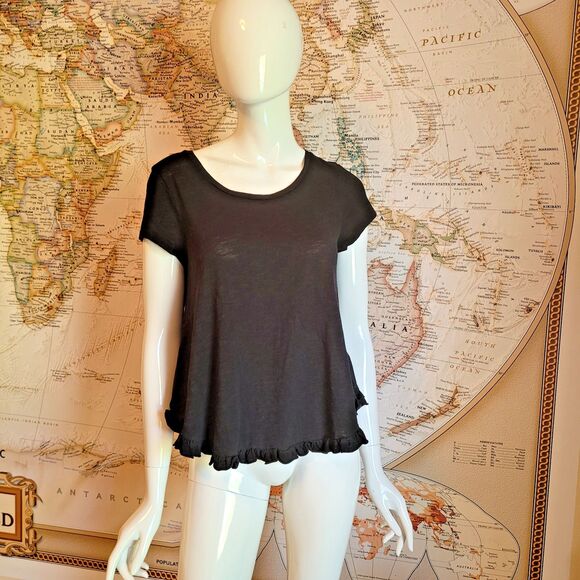 Cupio Tops - Cupio Women's Black Top M Short Cap Sleeve Ruffle Hem Scoop Neck Boho Whimsy